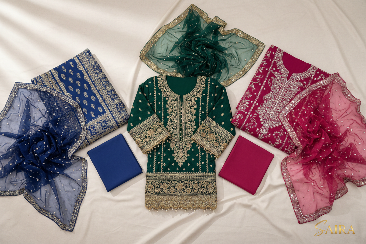 Luxury Pakistani unstitched suit fabric sets with embroidered chiffon dupatta in emerald, sapphire and rose tones – The Akbar Mall