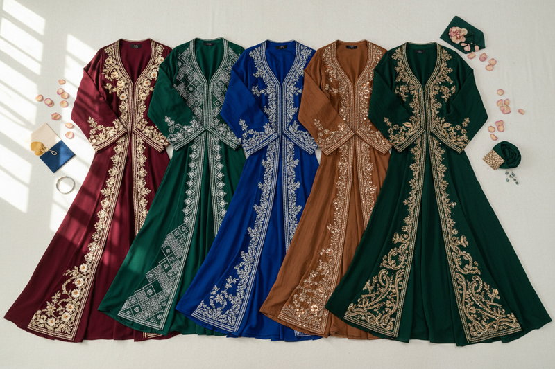 Abaya Collection Flat Lay Pakistan Maroon Green Blue Brown Bottle Green Open Front Abayas The Akbar Mall