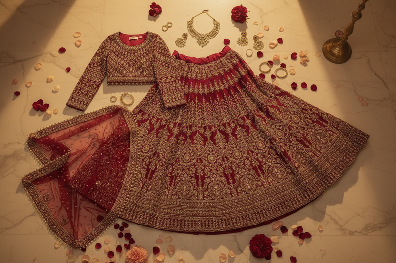 Bridal Lehenga Designs Pakistan – Handcrafted Deep Red Lehenga with Resham Kora Crystal Embroidery