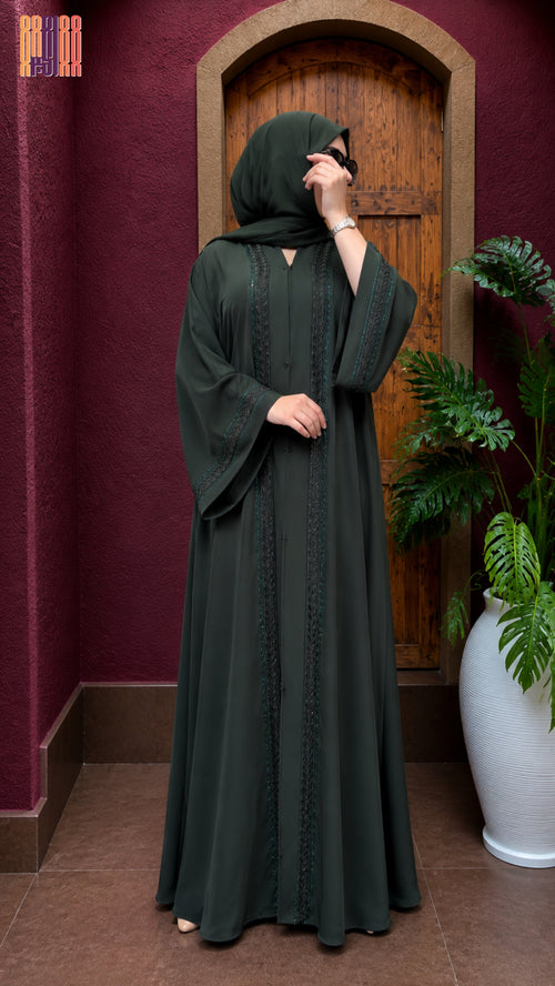 Abaya Open Front Embroidery DMC A006 Bottle Green Tiktok Fabric full length view The Akbar Mall
