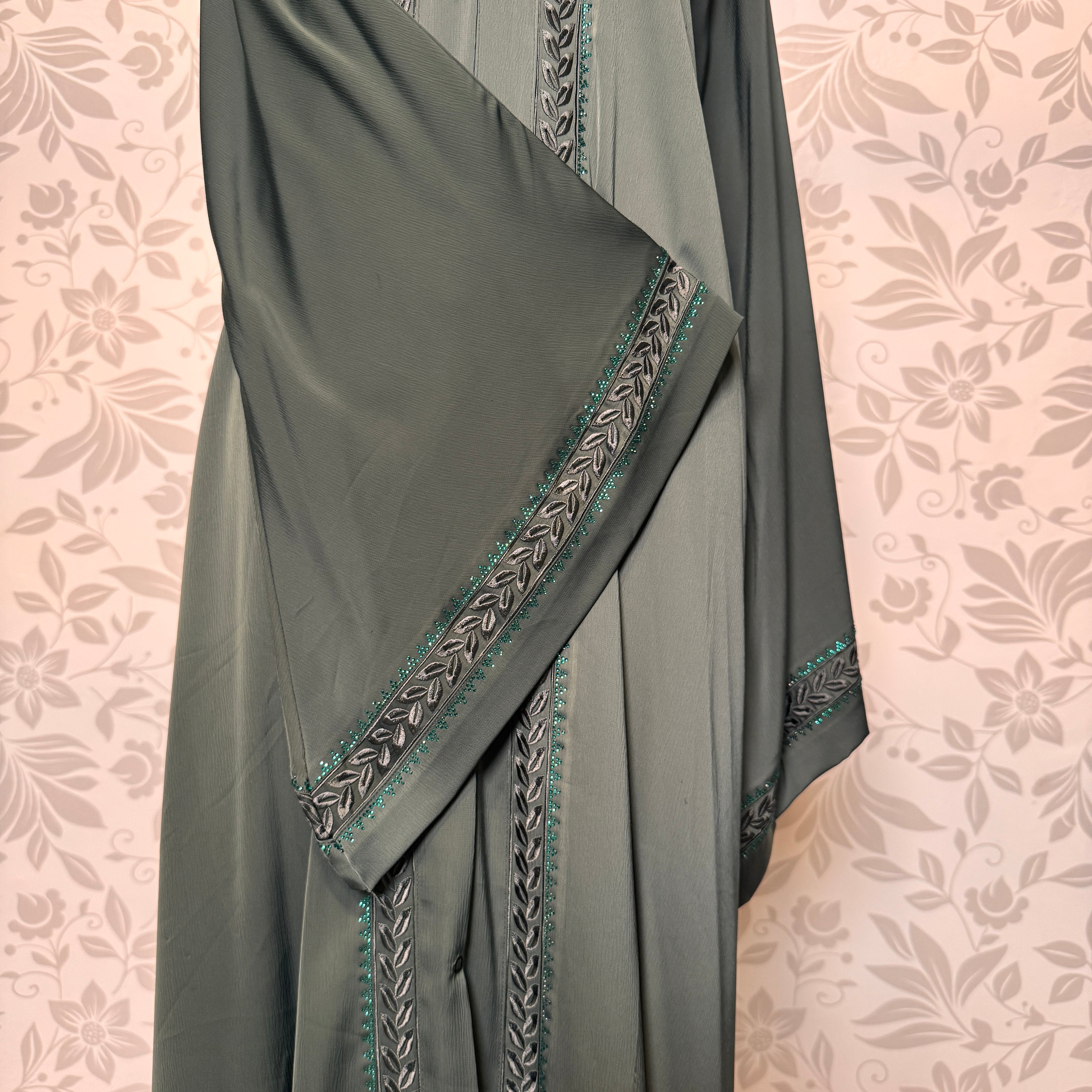 Bottle Green Tiktok fabric texture closeup Abaya Open Front Embroidery DMC A006

