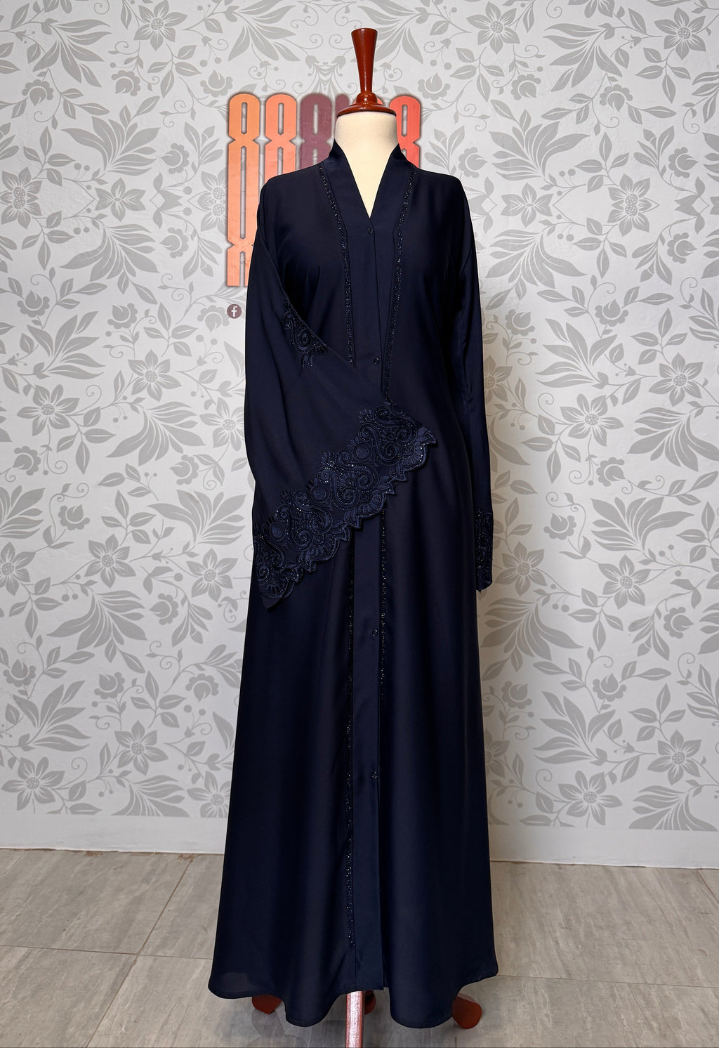 Abaya Open Front A004 embroidered dupatta detail closeup Blue abaya online shopping Pakistan
