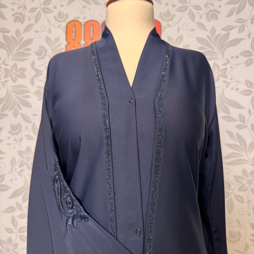 Embroidery work closeup on Blue abaya A004 open front abaya with dupatta Pakistan
