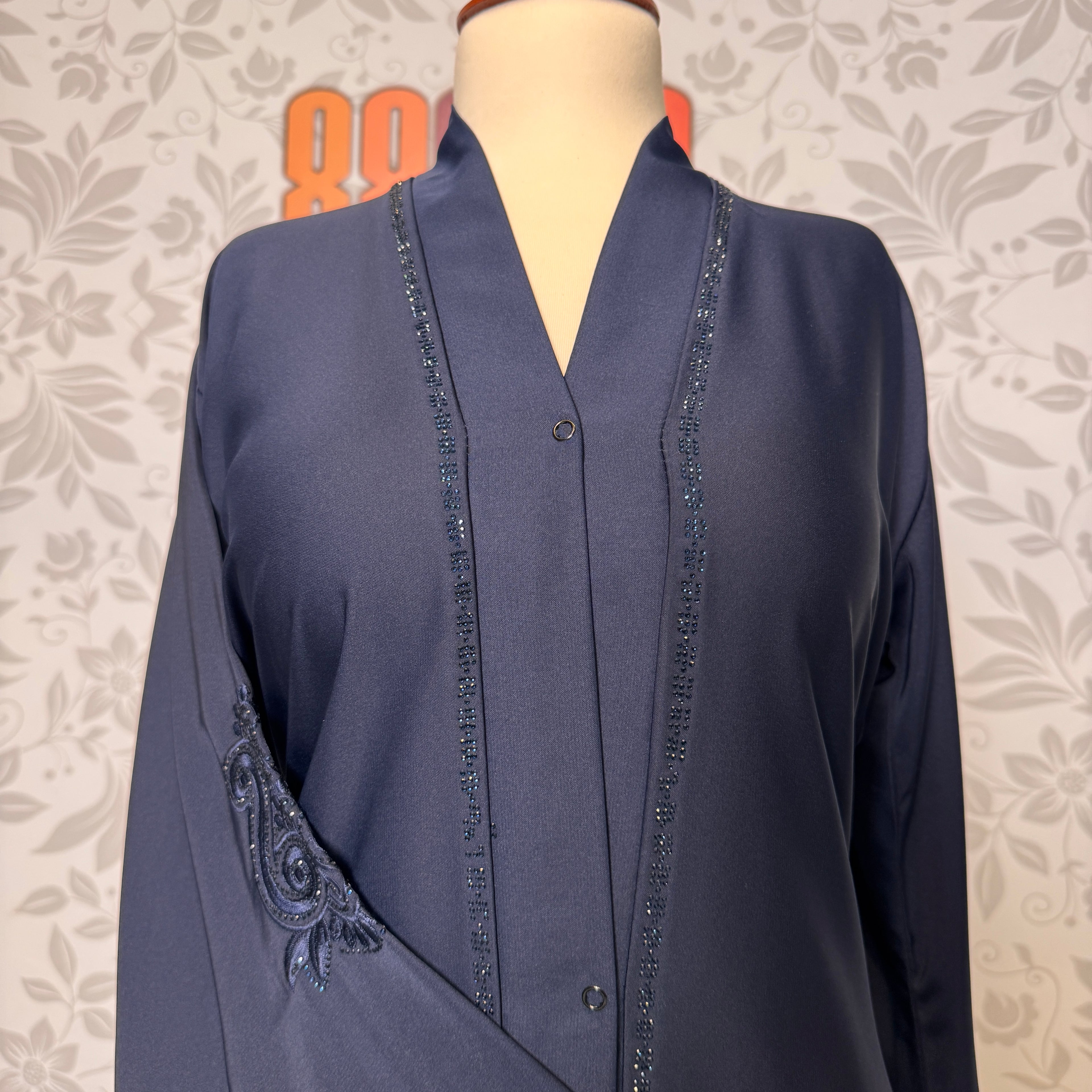 Embroidery work closeup on Blue abaya A004 open front abaya with dupatta Pakistan
