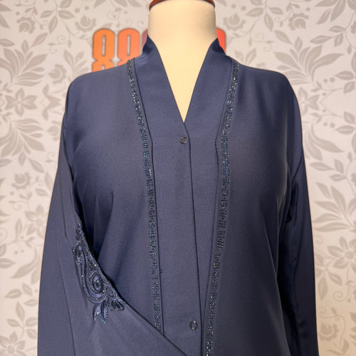 Embroidery work closeup on Blue abaya A004 open front abaya with dupatta Pakistan
