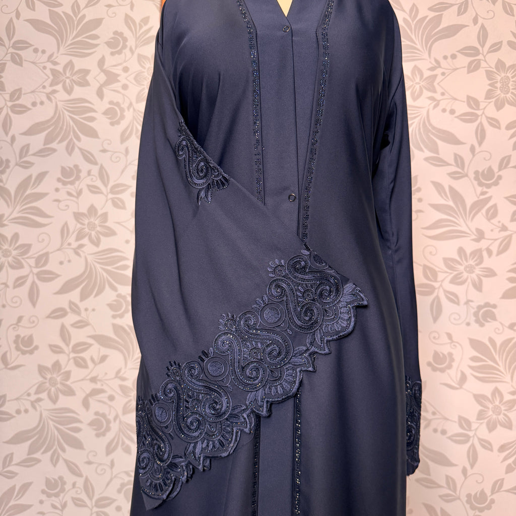 Blue Korean Nida fabric texture closeup Abaya Open Front Embroidery Work A004
