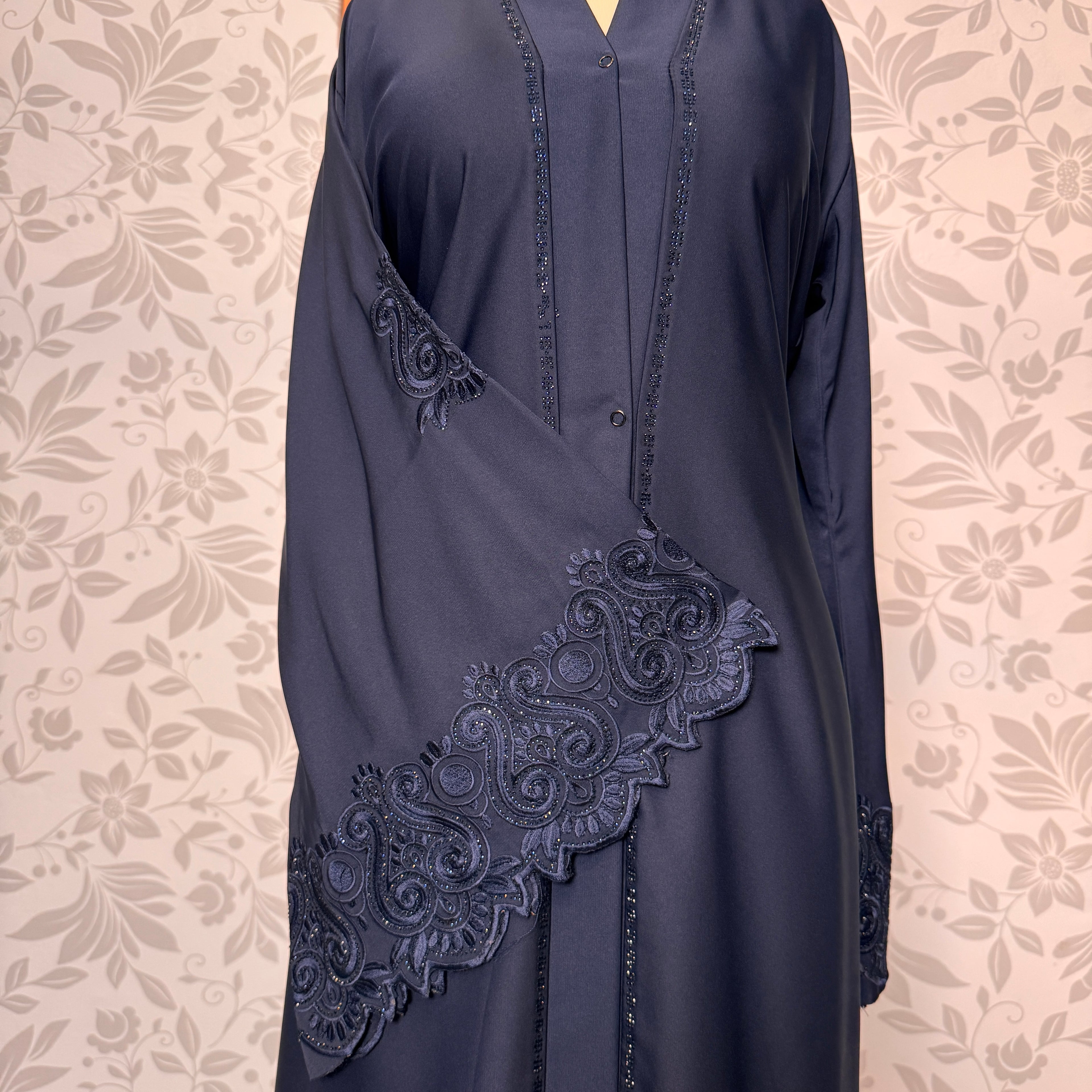 Blue Korean Nida fabric texture closeup Abaya Open Front Embroidery Work A004
