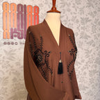 Cut Dana neckline detail closeup Brown open front abaya designs Pakistan A005
