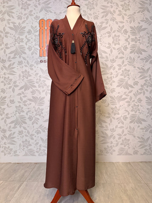 Cut Dana hand work closeup on Brown abaya A005 open front abaya Pakistan
