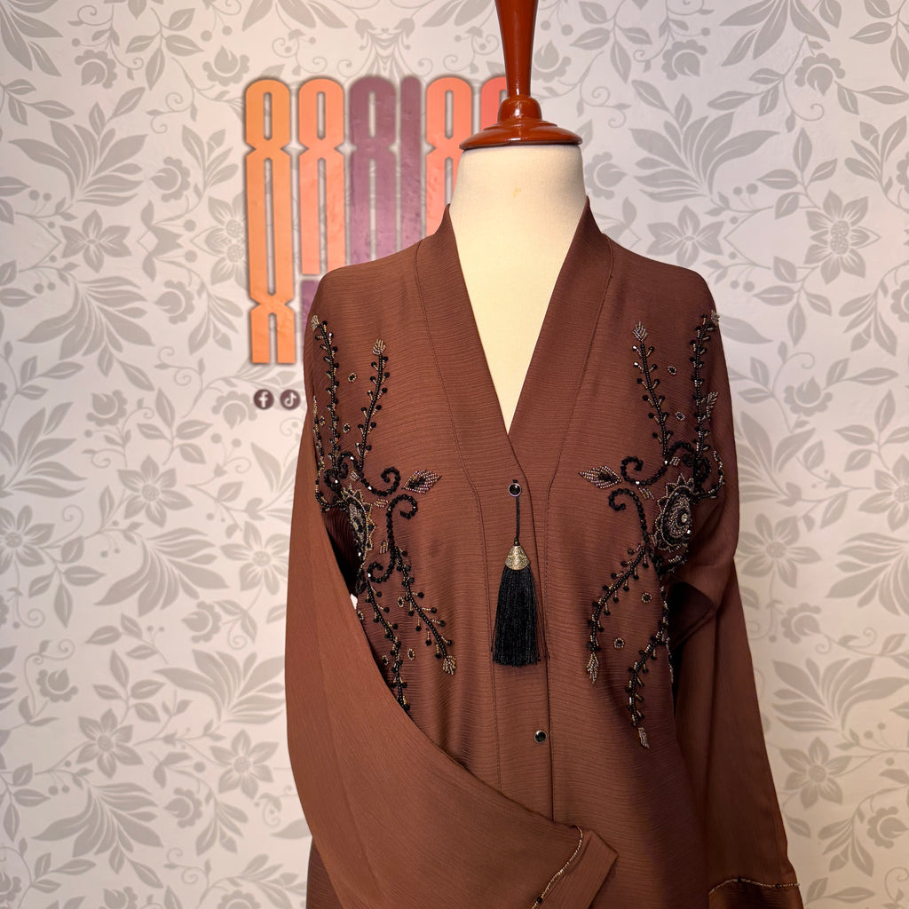 Brown Korean Nida fabric texture closeup Abaya Open Front Hand Work Cut Dana A005
