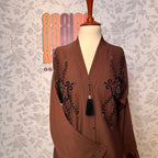 Brown Korean Nida fabric texture closeup Abaya Open Front Hand Work Cut Dana A005
