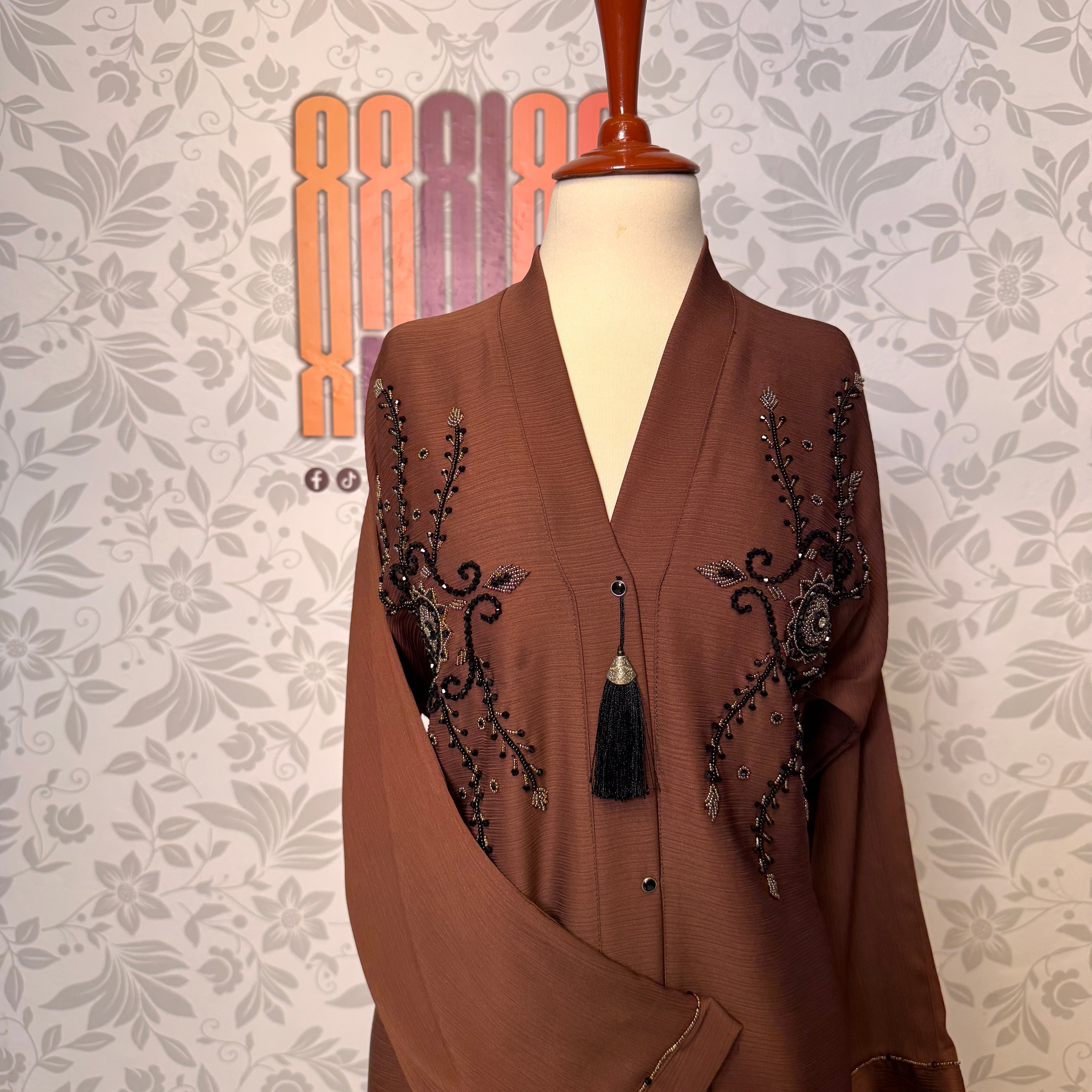Brown Korean Nida fabric texture closeup Abaya Open Front Hand Work Cut Dana A005
