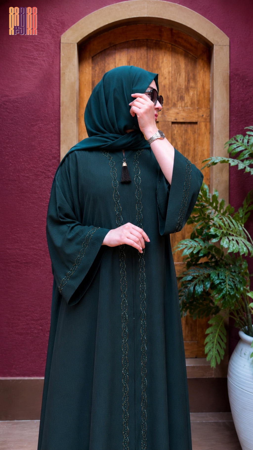 Abaya Open Front Hand Work Cut Dana A002 Green Korean Zoom full length view The Akbar Mall
