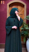 Abaya Open Front Hand Work Cut Dana A002 Green Korean Zoom full length view The Akbar Mall
