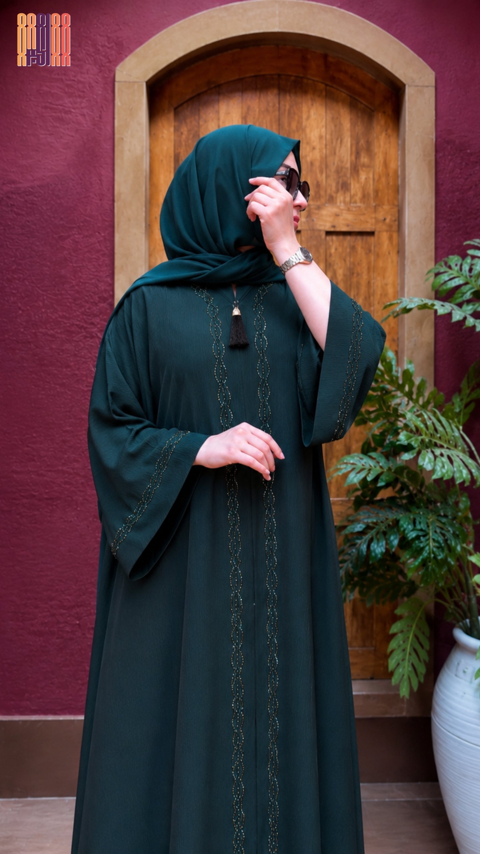 Abaya Open Front Hand Work Cut Dana A002 Green Korean Zoom full length view The Akbar Mall
