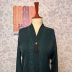 Green Korean Zoom fabric texture closeup Abaya Open Front Hand Work Cut Dana A002
