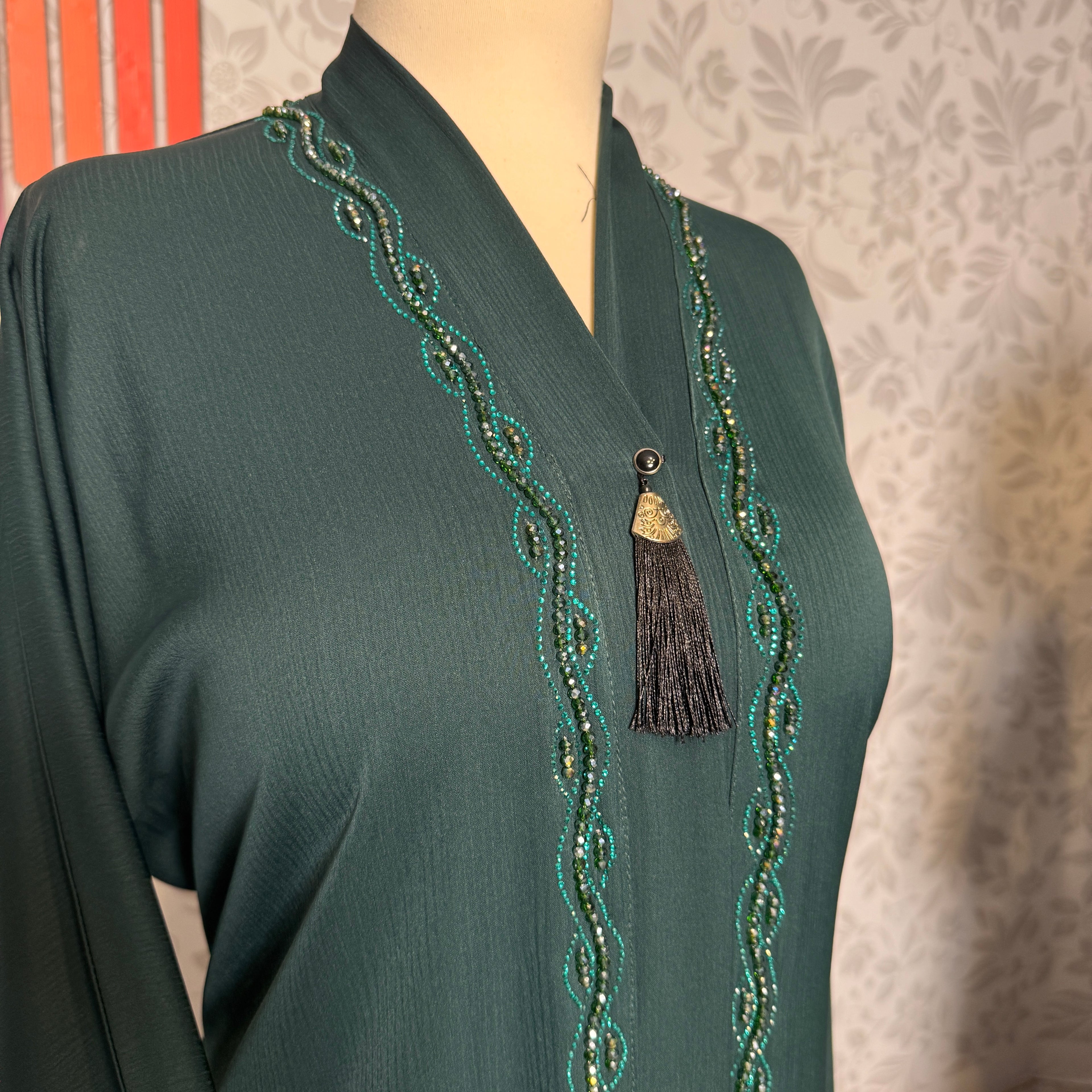 Cut Dana hand work closeup on Green abaya A002 open front abaya Pakistan
