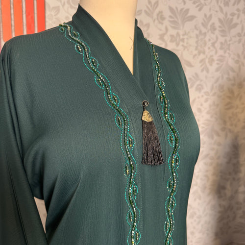Cut Dana hand work closeup on Green abaya A002 open front abaya Pakistan

