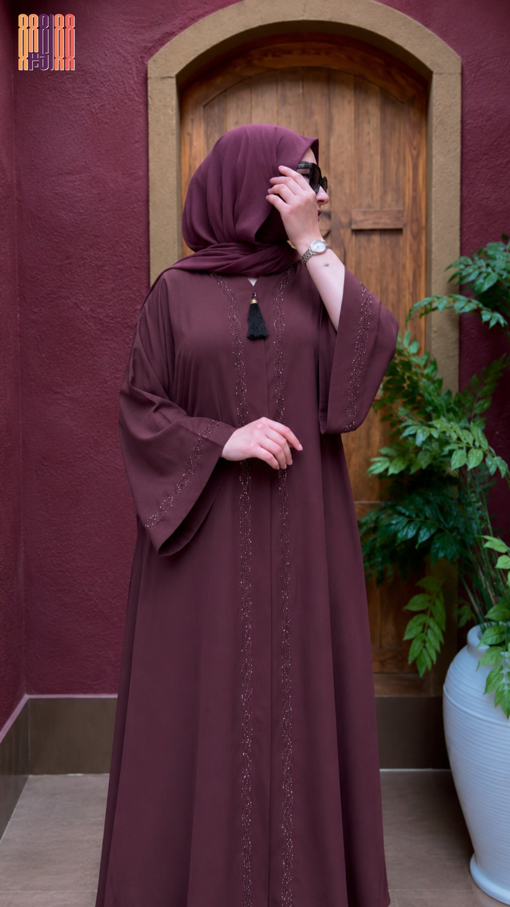 Abaya Open Front Hand Work Cut Dana A003 Maroon Korean Zoom full length view The Akbar Mall
