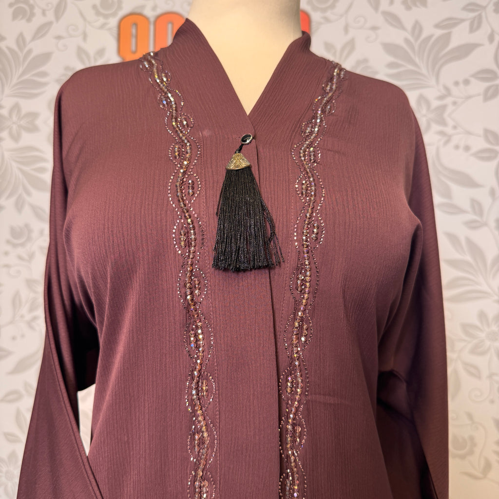 Cut Dana hand work closeup on Maroon abaya A003 open front abaya Pakistan
