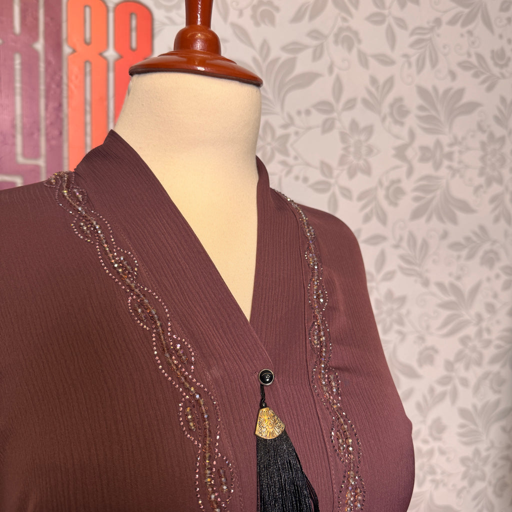 Maroon Korean Zoom fabric texture closeup Abaya Open Front Hand Work Cut Dana A003
