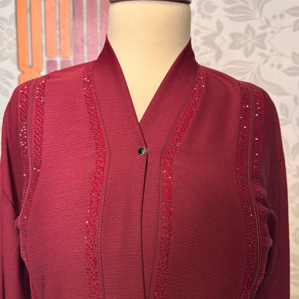 Maroon Korean Zoom fabric texture closeup Abaya Open Front Stone Work A001
