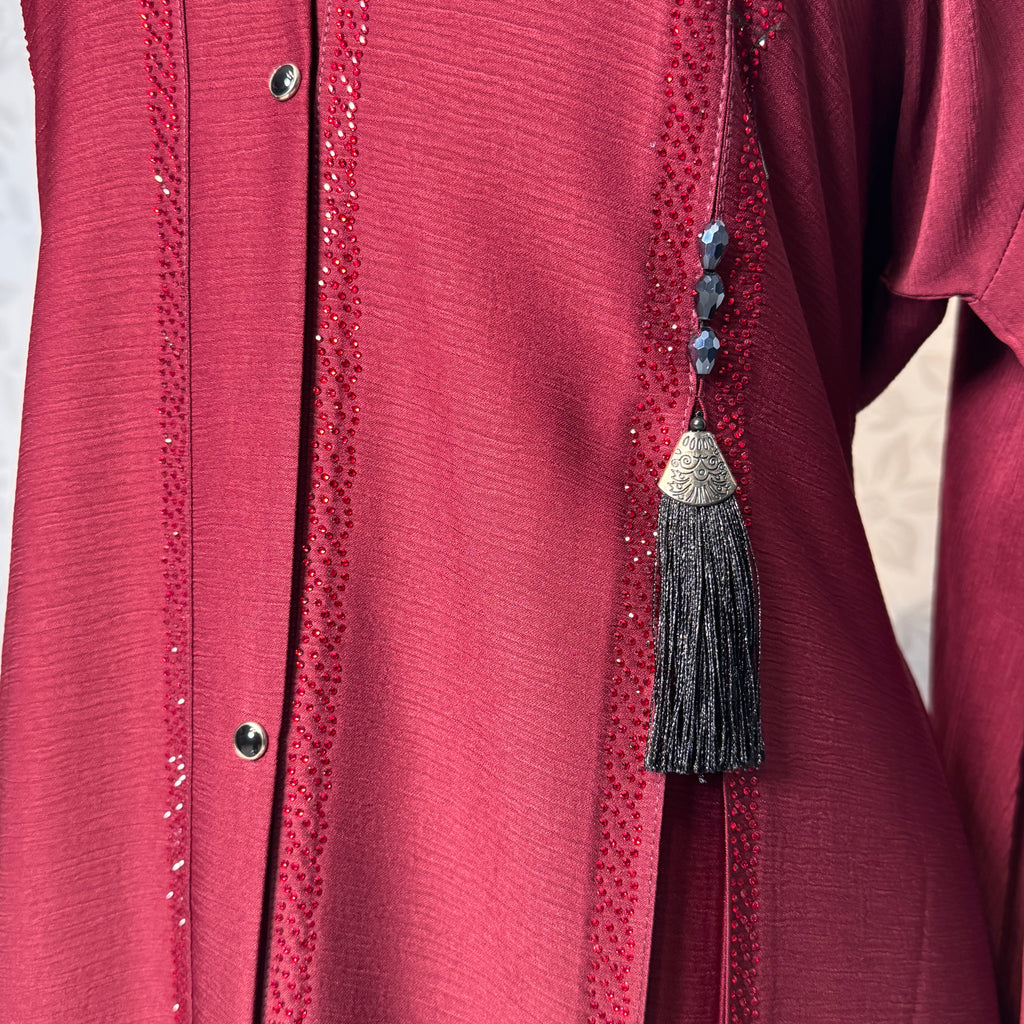 Maroon Korean Zoom fabric texture closeup Abaya Open Front Stone Work A001
