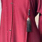 Maroon Korean Zoom fabric texture closeup Abaya Open Front Stone Work A001
