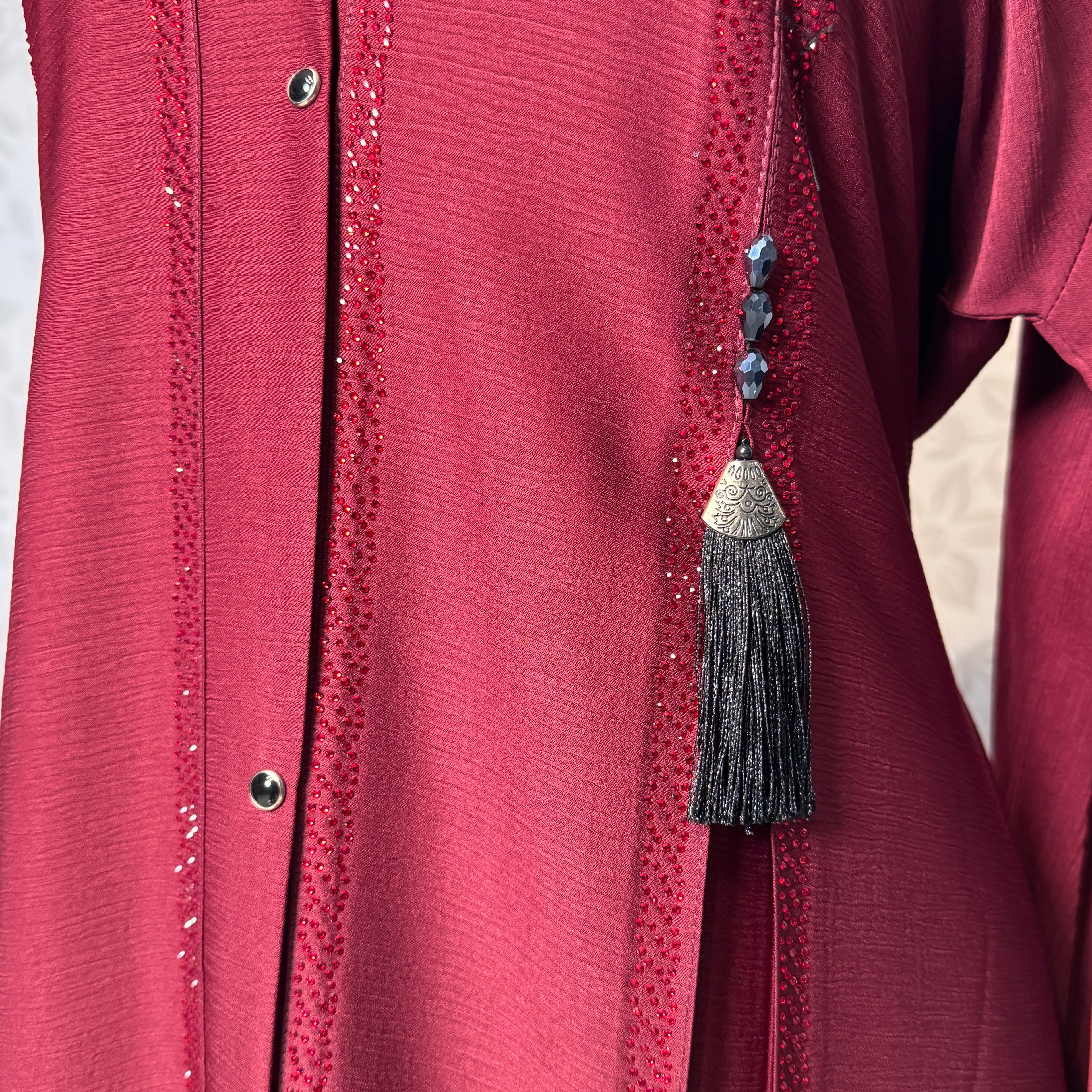 Maroon Korean Zoom fabric texture closeup Abaya Open Front Stone Work A001
