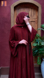 Abaya Open Front Stone Work A001 Maroon Korean Zoom full length view The Akbar Mall
