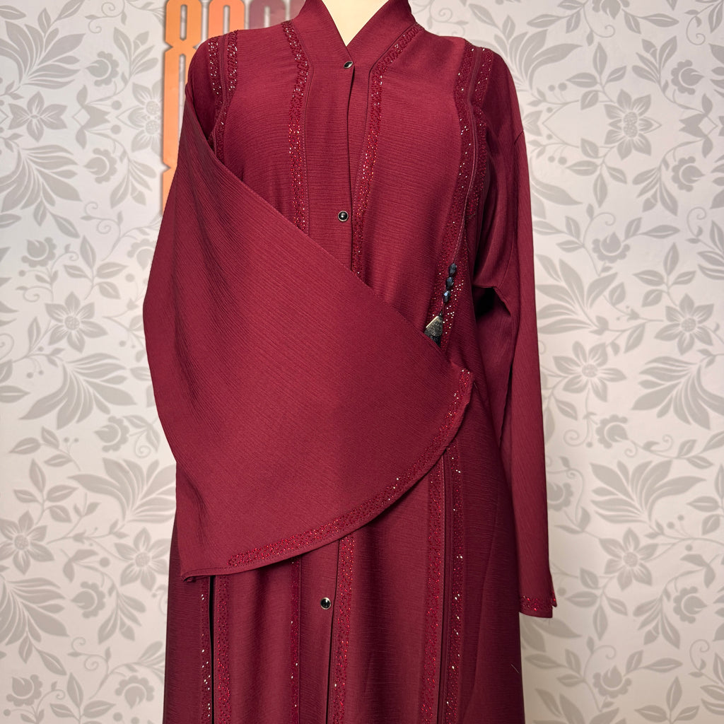 Stone DMC neckline detail closeup Maroon open front abaya designs Pakistan A001
