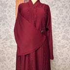 Stone DMC neckline detail closeup Maroon open front abaya designs Pakistan A001
