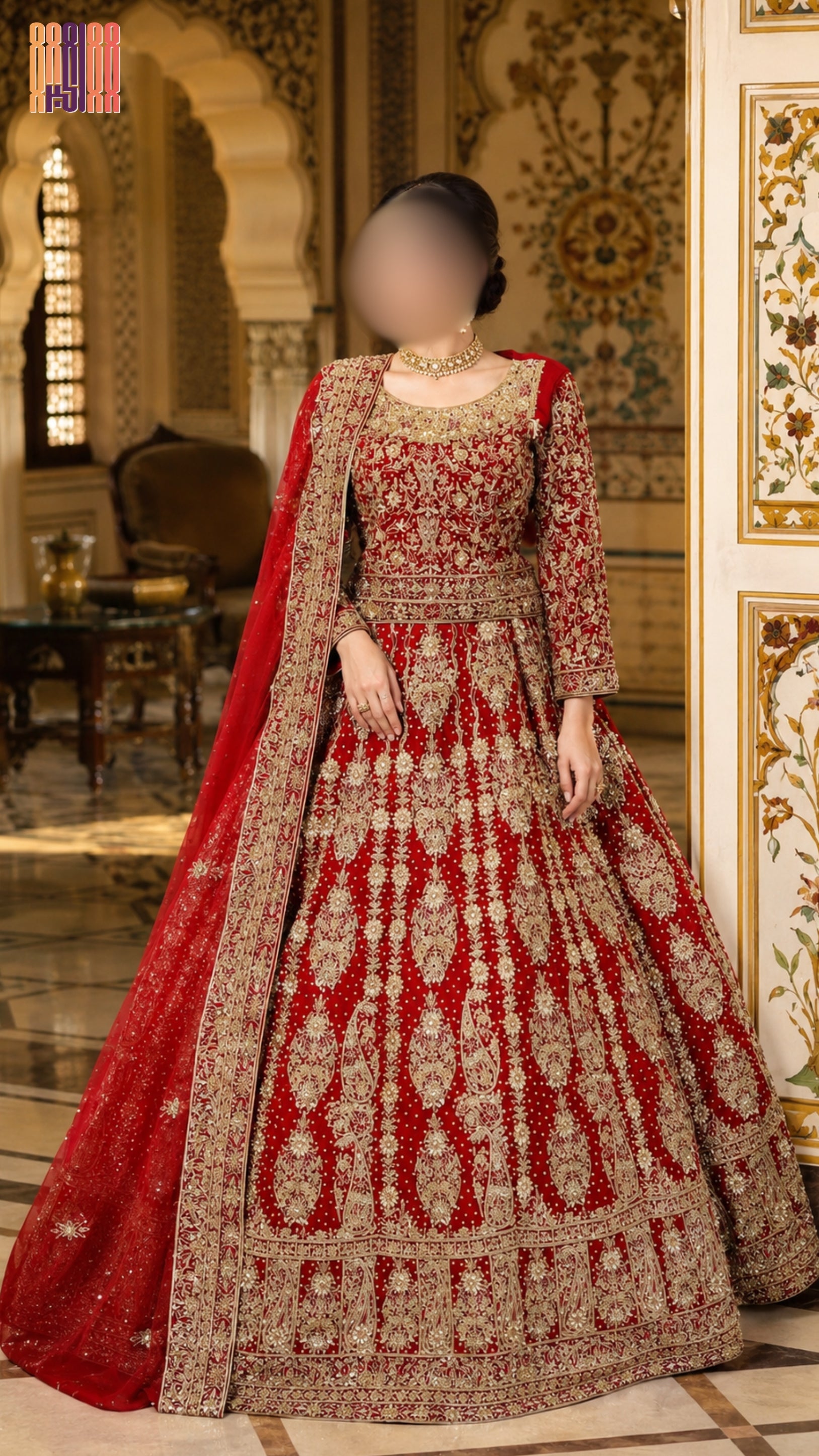 Woman in a red and gold traditional outfit against a dark textured wall.