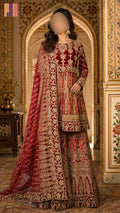 Indian bridal lehenga in maroon chiffon with machine tilla stone and motif border work PAKISTAN