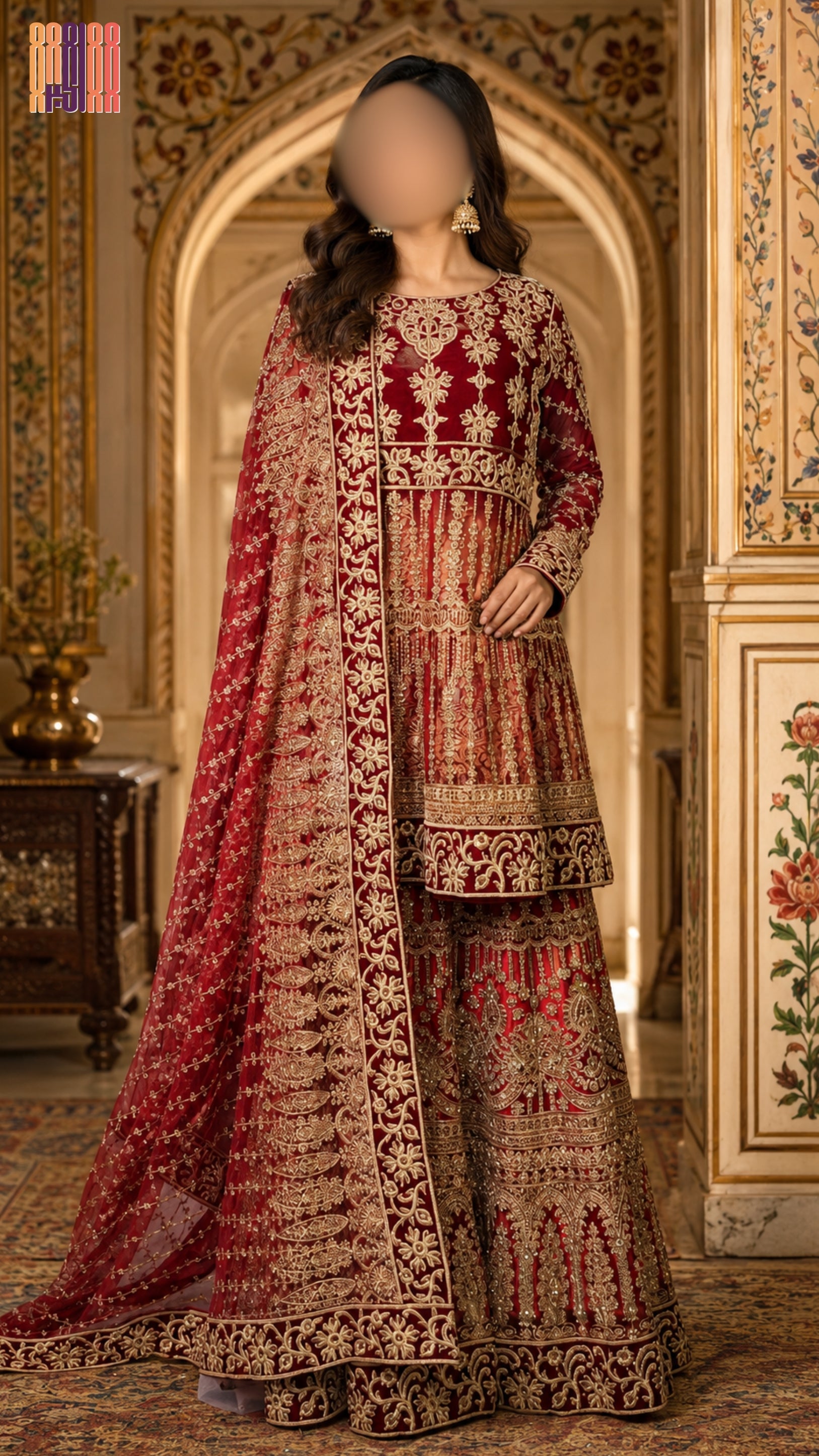 Indian bridal lehenga in maroon chiffon with machine tilla stone and motif border work PAKISTAN