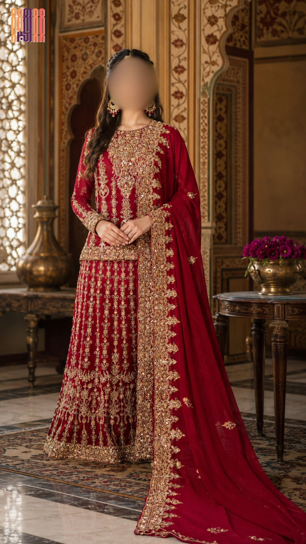 Bridal lehenga hand work in deep red chiffon with tilla kora and jewelry crystal price in pakistan 