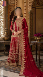 Bridal lehenga hand work in deep red chiffon with tilla kora and jewelry crystal price in pakistan 