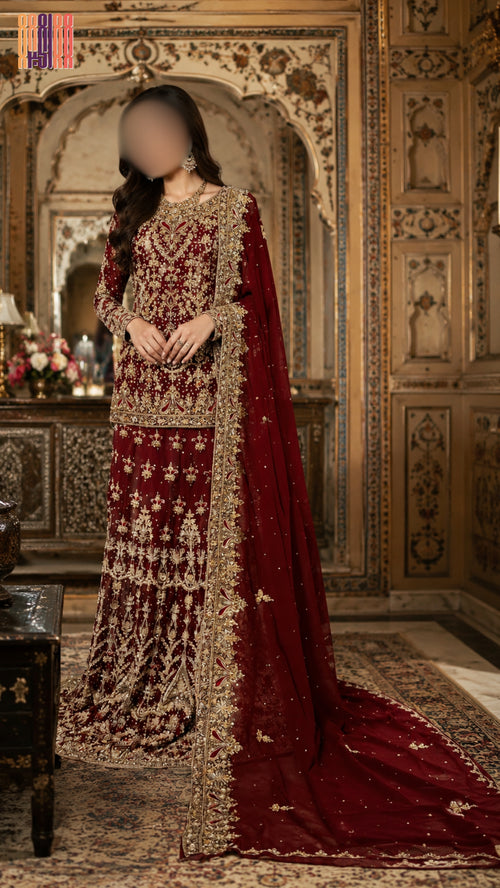 Bridal lehenga hand work in deep red crinkle chiffon with resham kora and jewelry material pakistan