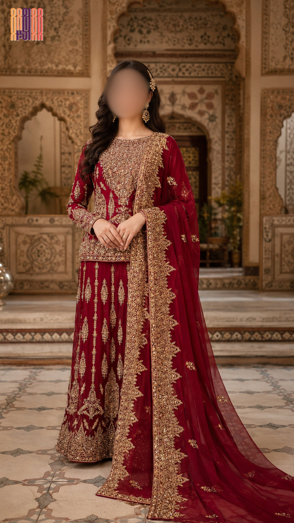 Bridal lehenga hand work in deep red crinkle chiffon with tilla kora and jewelry material PAKISTAN