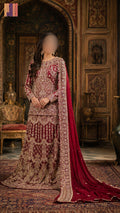 Bridal lehenga hand work in deep red crinkle chiffon with kora and dabka embroidery – Pakistani wedding dress