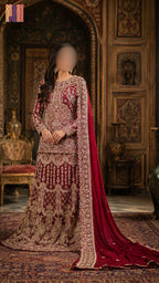 Bridal lehenga hand work in deep red crinkle chiffon with kora and dabka embroidery – Pakistani wedding dress