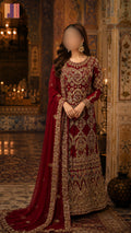 Bridal lehenga hand work BL015 full dress – deep red Bareeze Net with multi resham motif kora dabka embroidery Pakistani wedding outfit