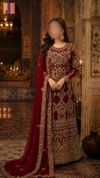 Bridal lehenga hand work BL015 full dress – deep red Bareeze Net with multi resham motif kora dabka embroidery Pakistani wedding outfit