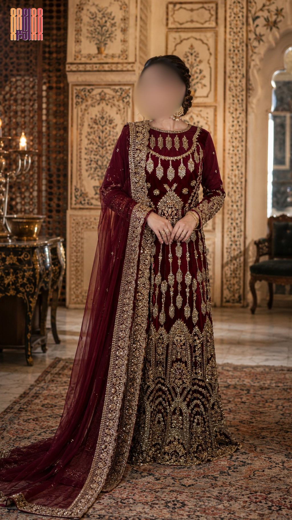 Bridal lehenga hand work BL016 full dress – maroon Bareeze Net with champagne crystal embroidery Pakistani wedding outfit
