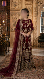 Bridal lehenga hand work BL016 full dress – maroon Bareeze Net with champagne crystal embroidery Pakistani wedding outfit