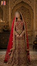 Bridal lehenga hand work BL017 full dress – deep red Bareeze Net with stone dabka pipal gira kora crystal pearl embroidery Pakistani wedding outfit