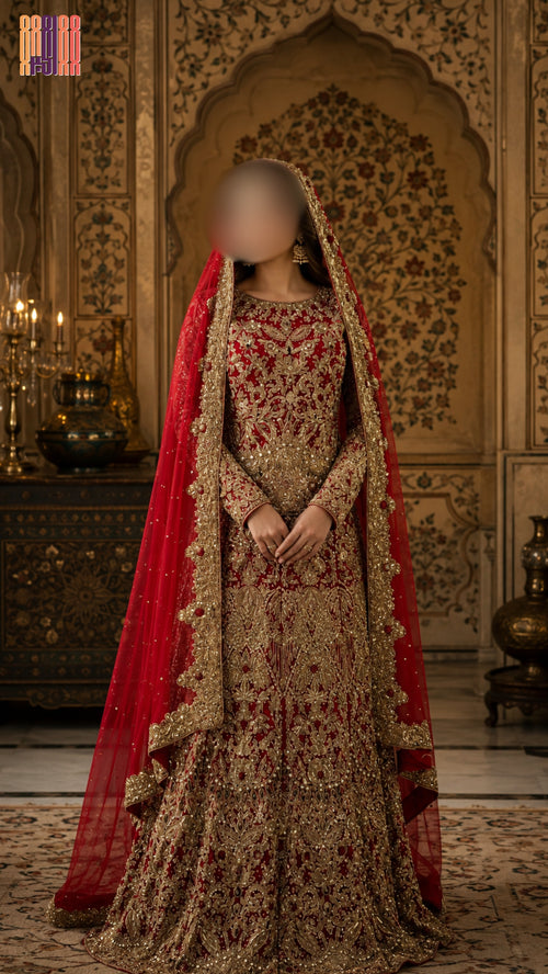 Bridal lehenga hand work BL017 full dress – deep red Bareeze Net with stone dabka pipal gira kora crystal pearl embroidery Pakistani wedding outfit