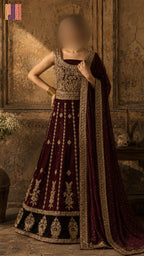 Bridal lehenga choli BL034 full view – maroon tassel silk with nakshi jewelry hand work velvet patch Pakistani wedding lehenga
