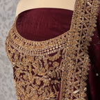 Bridal lehenga Pakistani BL034 choli close up – nakshi jewelry hand work detail on maroon tassel silk fabric
