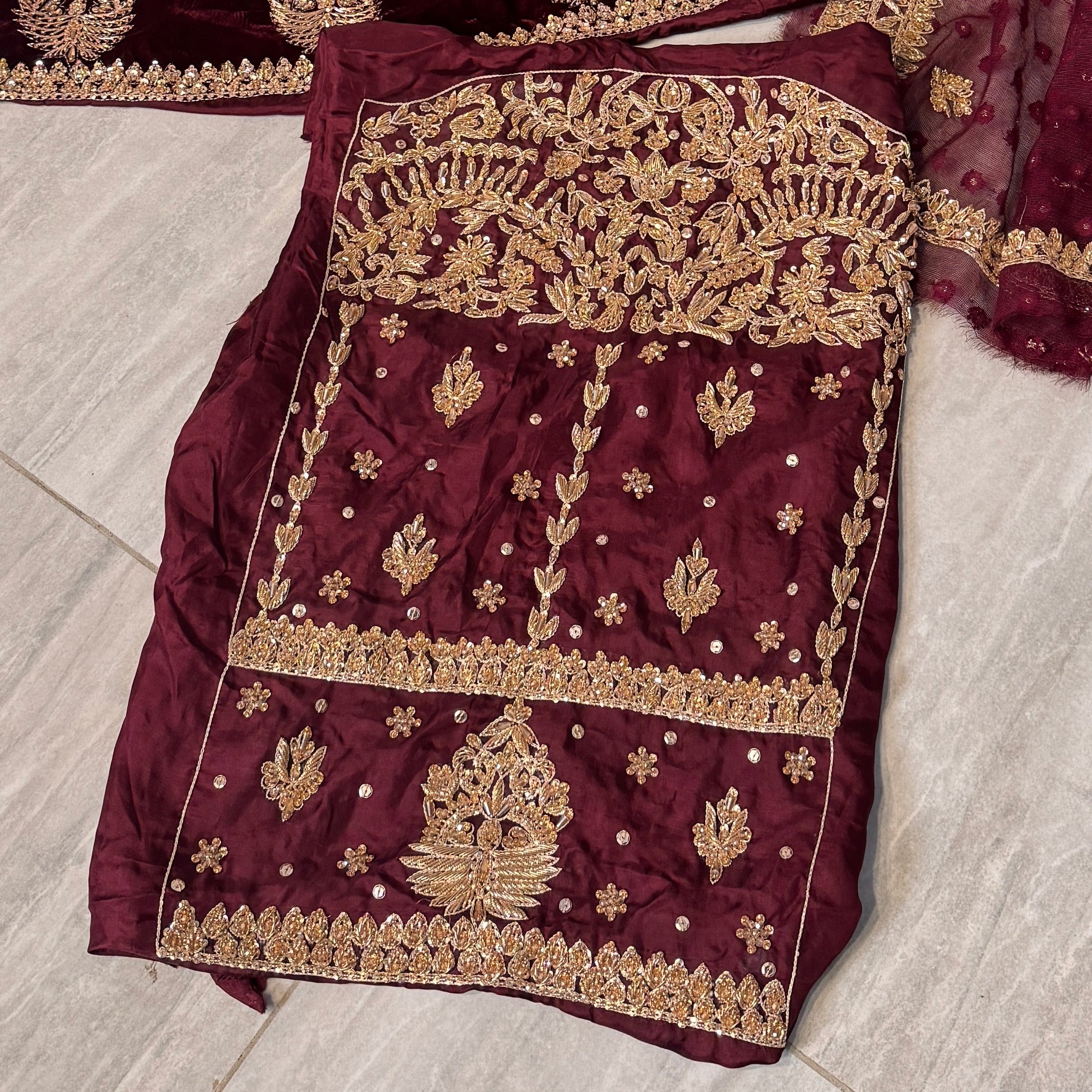 Bridal lehenga hand work BL034 sleeves detail – heavy hand work on maroon tassel silk bridal lehenga choli Pakistan
